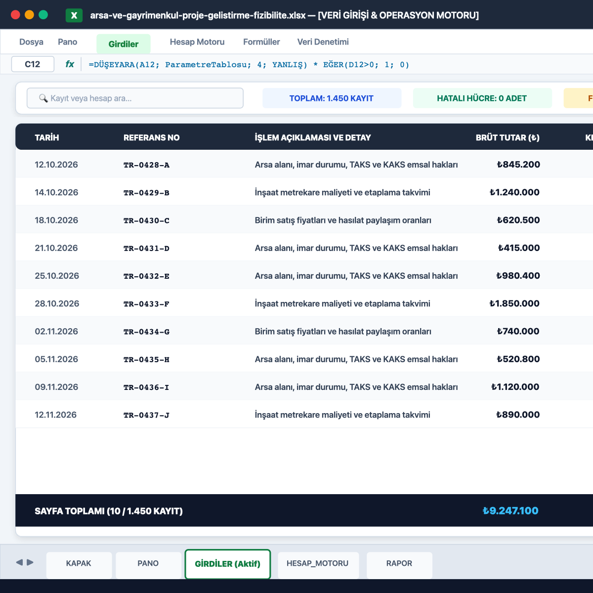 Arsa ve Gayrimenkul Proje Geliştirme Fizibilite Exceli Hesap Motoru ve Dinamik Formül Mimarisi