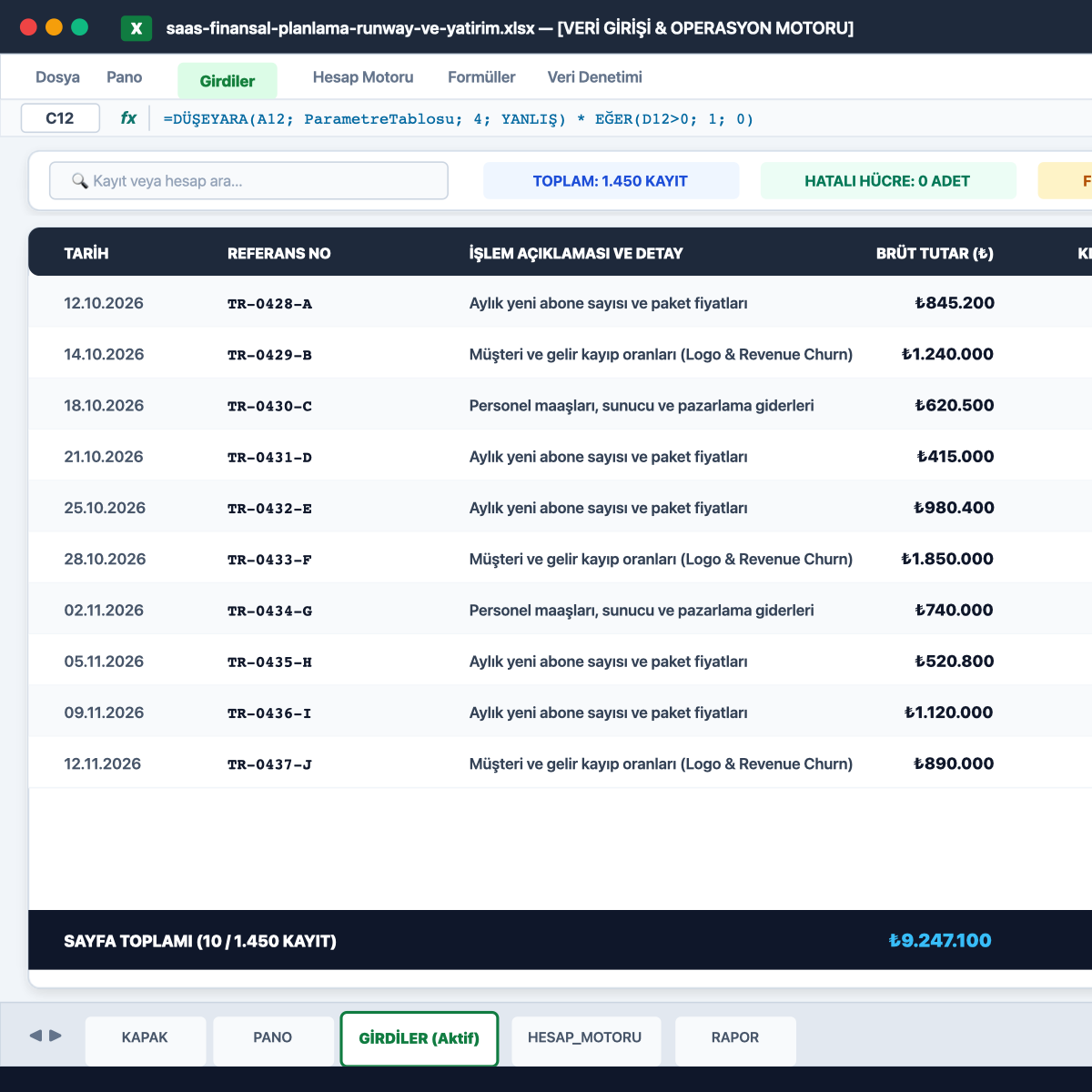 SaaS Finansal Planlama, Runway ve Yatırım Exceli Hesap Motoru ve Dinamik Formül Mimarisi